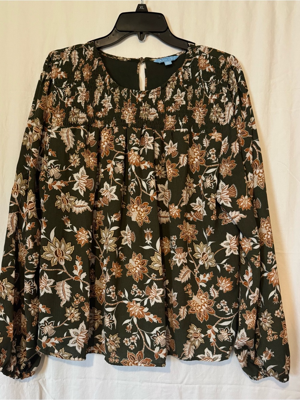 Draper James Floral Smocked Blouse – Dark Green, Size XL